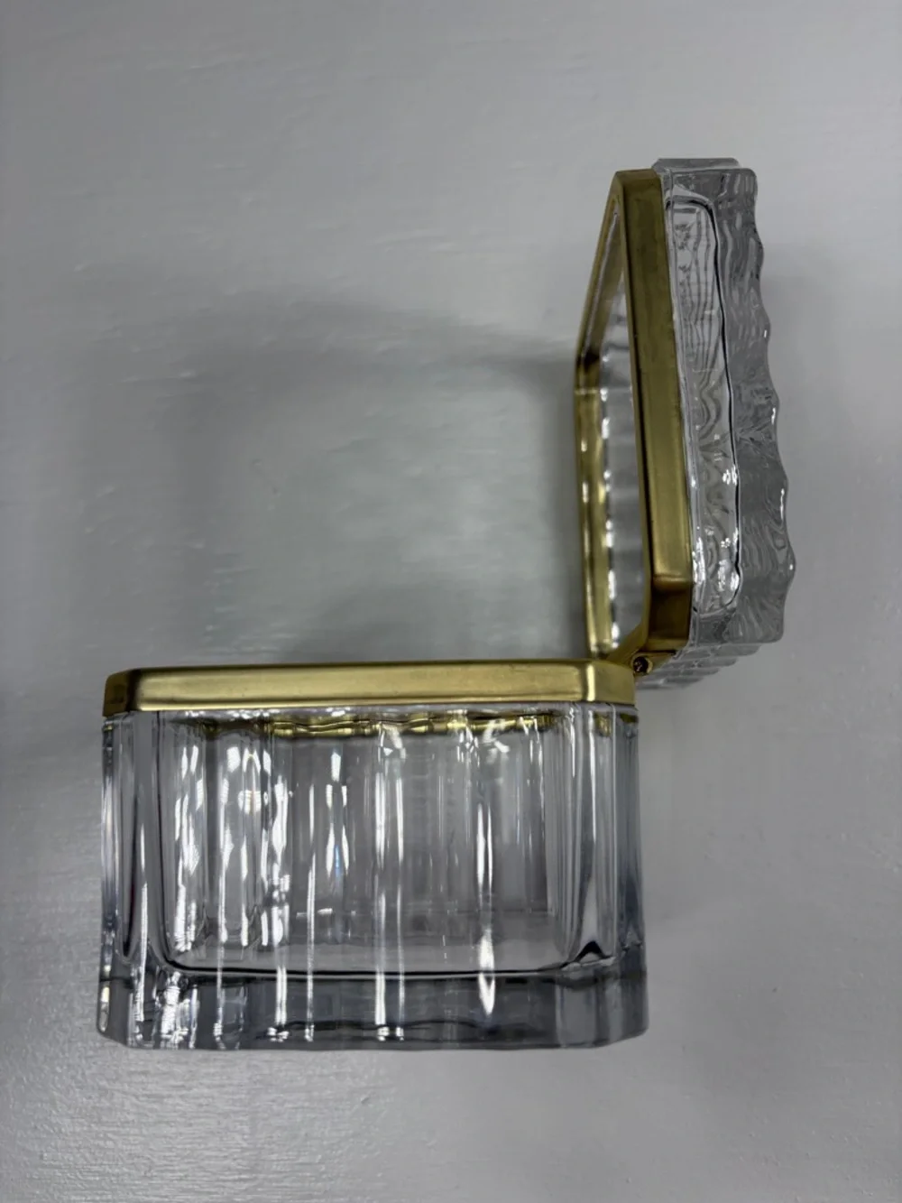 Vintage crystal jewelry casket with brass hinge 3 1/2 in. Square trinket box